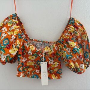 Zara Floral Puff Sleeve Top - Orange